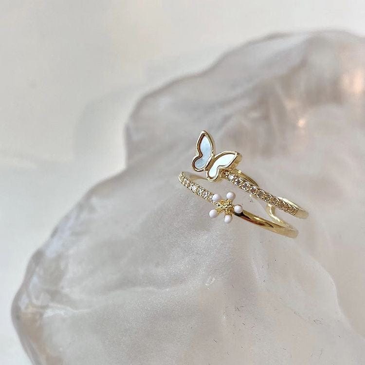 Elegant 2pcs CZ Inlaid Enamel Butterfly Flower Open Ring Set - ArtGalleryZen