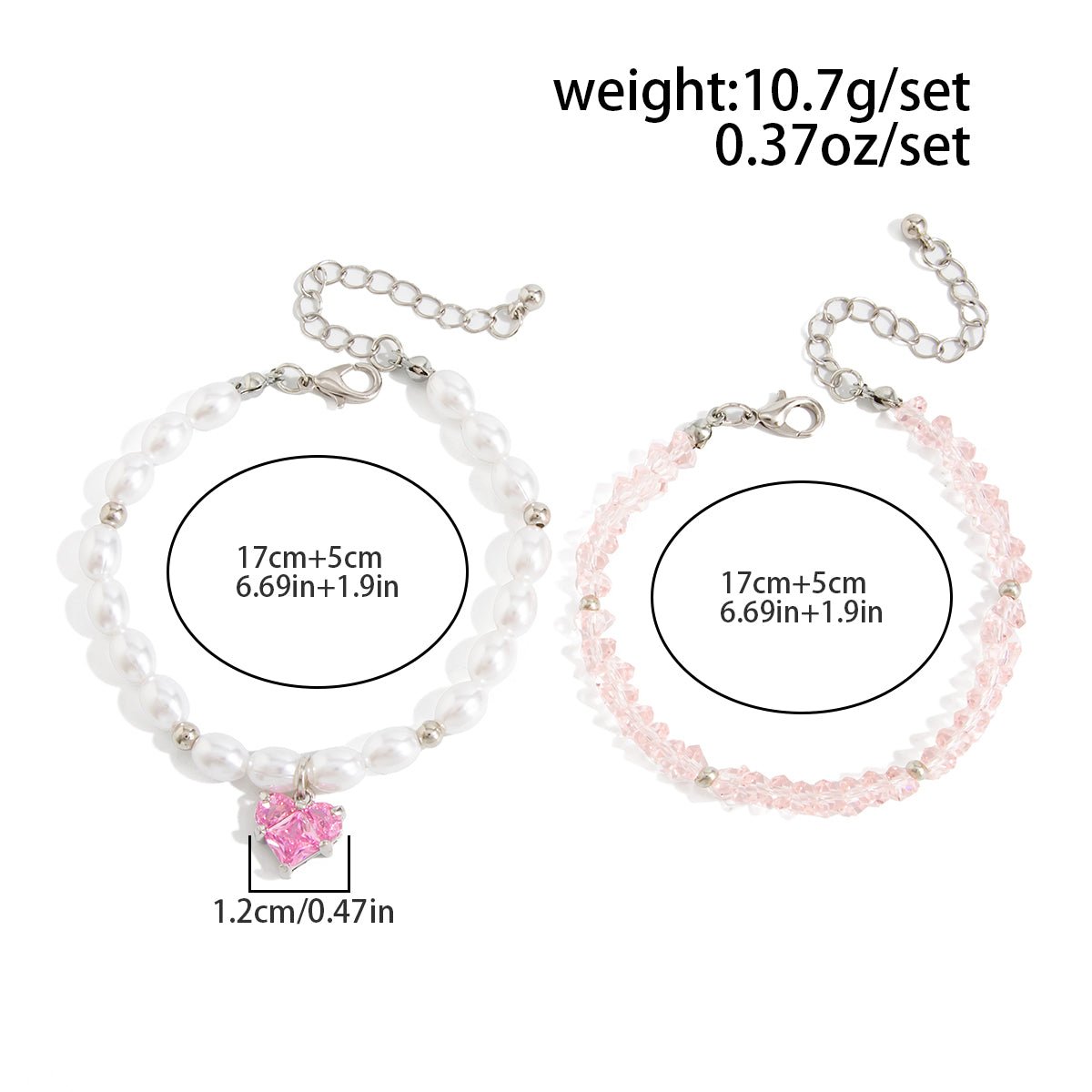 Elegant 2pcs Rhinestone Heart Charm Crystal Pearl Chain Bracelet Set - ArtGalleryZen