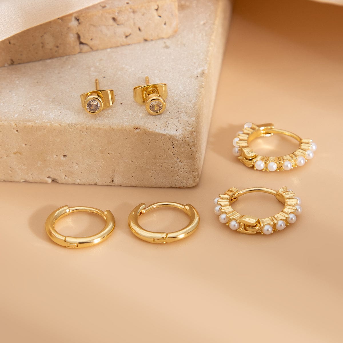 Elegant 3 Pairs Pearl Huggie Hoop Earrings Set - ArtGalleryZen