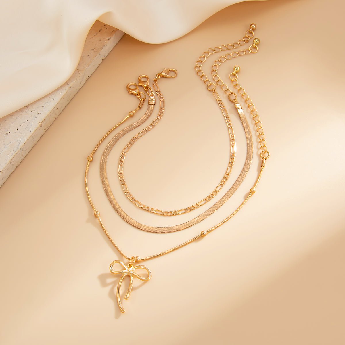 Elegant 3pcs Bowknot Charm Herringbone Chain Anklet Set - ArtGalleryZen