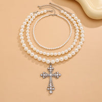 Thumbnail for Elegant 3pcs Cross Pendant Pearl Chain Necklace Set - ArtGalleryZen