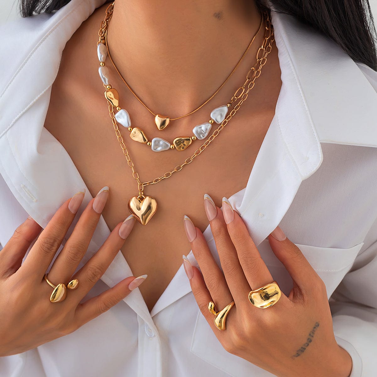 Elegant 3pcs Gold Silver Plated Heart Pendant Pearl Necklace Set - ArtGalleryZen