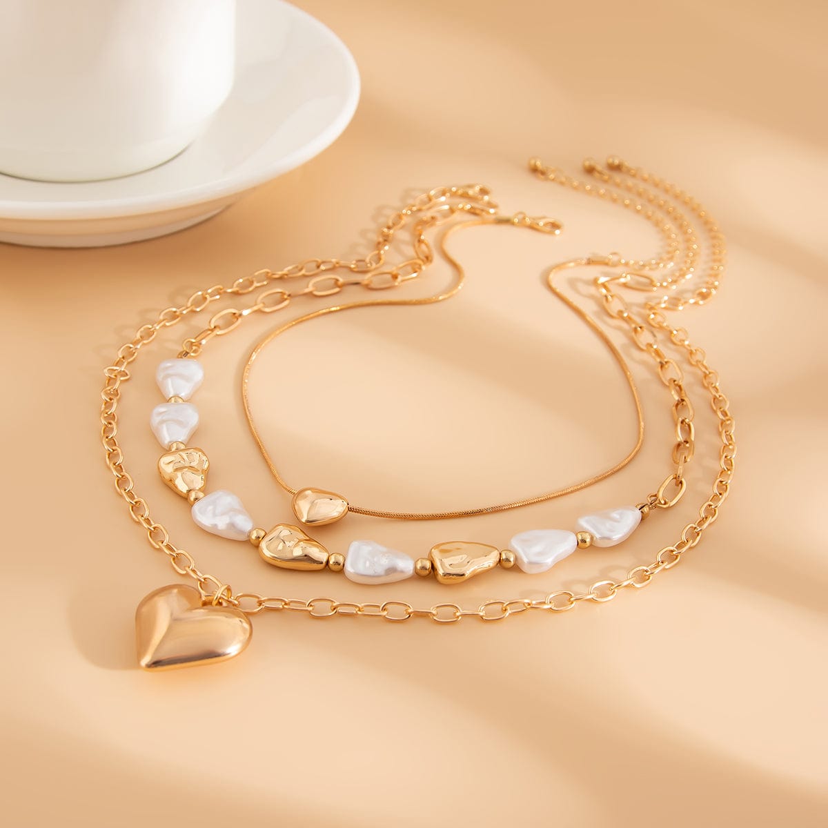 Elegant 3pcs Gold Silver Plated Heart Pendant Pearl Necklace Set - ArtGalleryZen