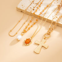 Thumbnail for Elegant 4pcs Cross Flower Pearl Pendant Crystal Chain Necklace Set - ArtGalleryZen