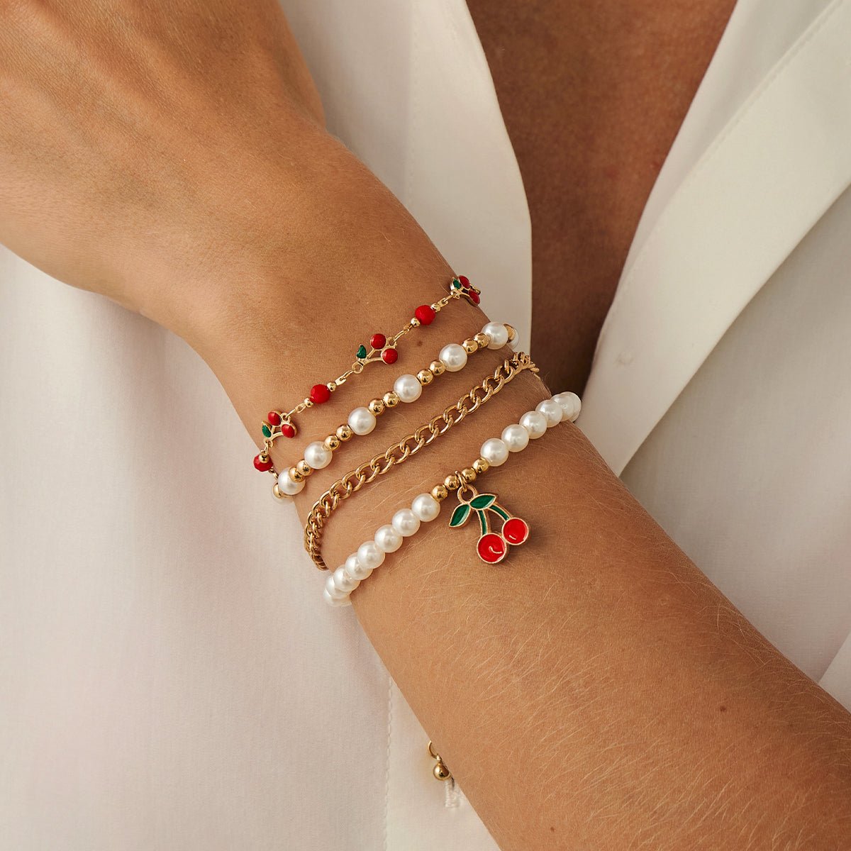 Elegant 4pcs Enamel Cherry Pearl Chain Bracelet Set - ArtGalleryZen