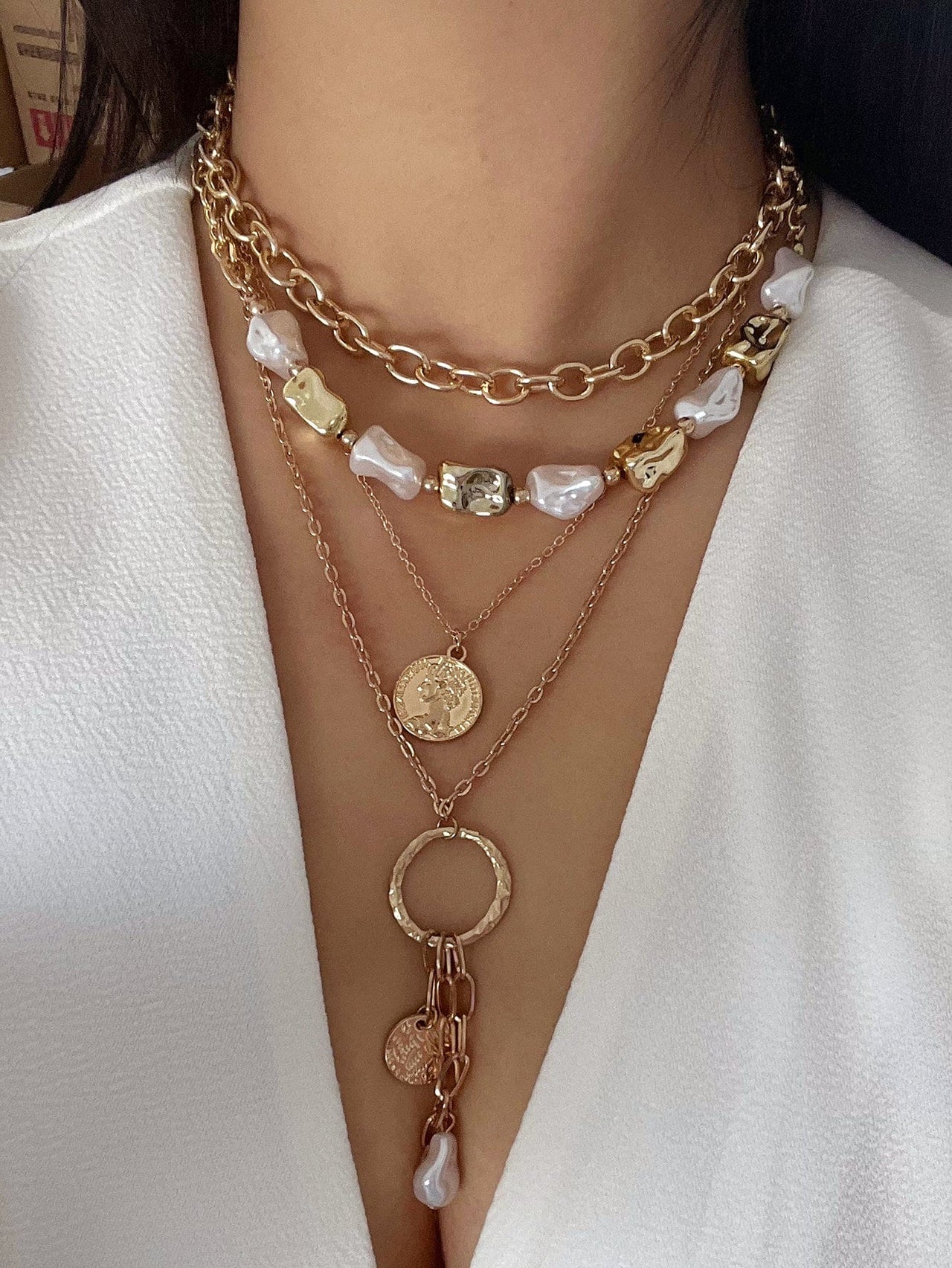 Elegant 4pcs Irregular Pearl Round Disk Tassel Cable Chain Necklace Set - ArtGalleryZen
