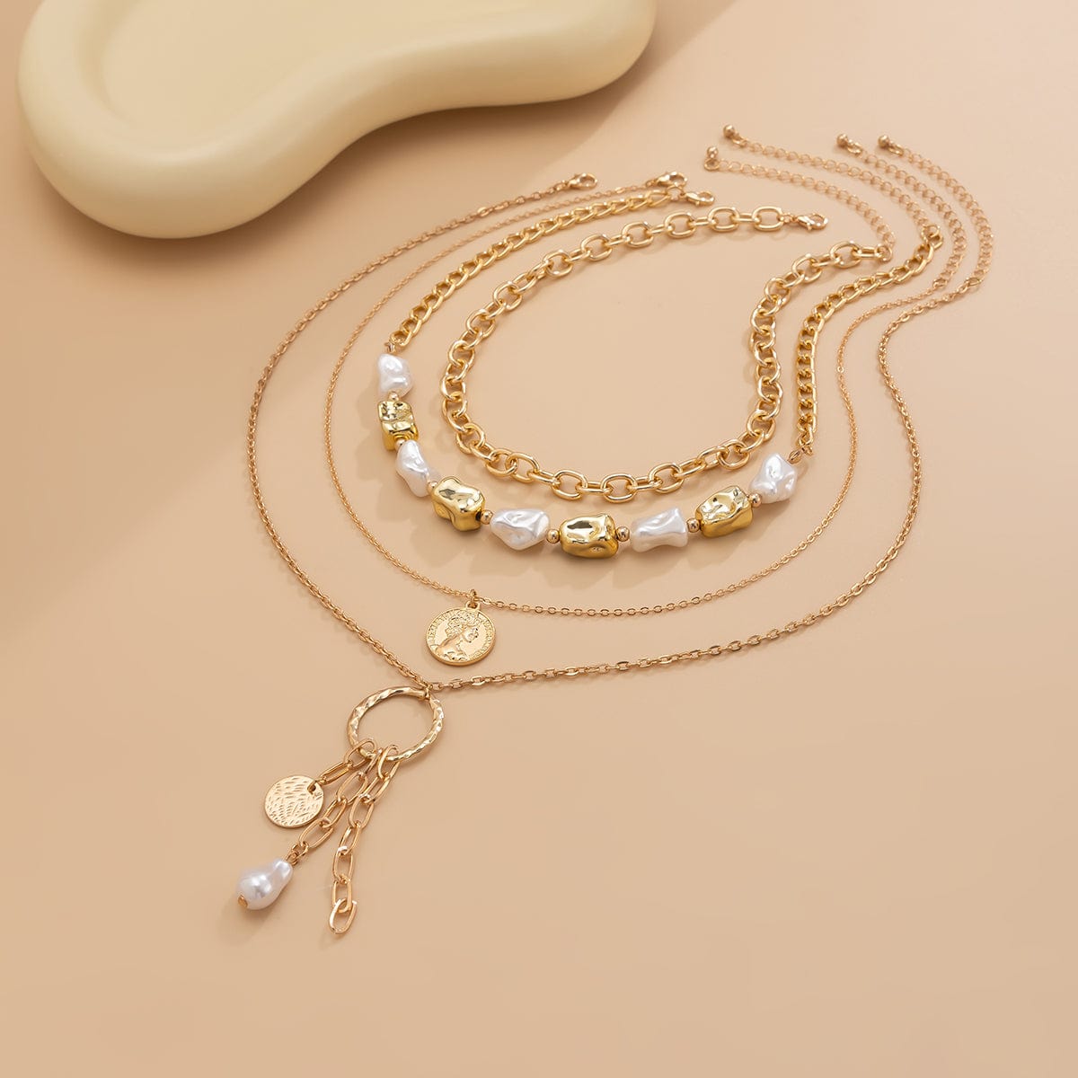 Elegant 4pcs Irregular Pearl Round Disk Tassel Cable Chain Necklace Set - ArtGalleryZen