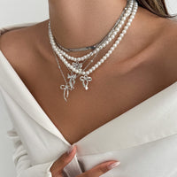 Thumbnail for Elegant 5pcs Bowknot Pendant Pearl Herringbone Chain Necklace Set - ArtGalleryZen