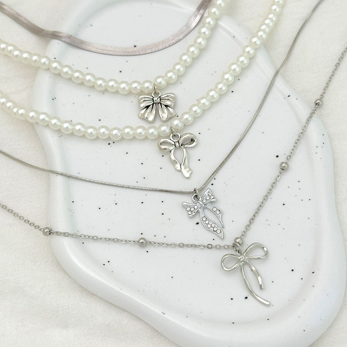 Elegant 5pcs Bowknot Pendant Pearl Herringbone Chain Necklace Set - ArtGalleryZen