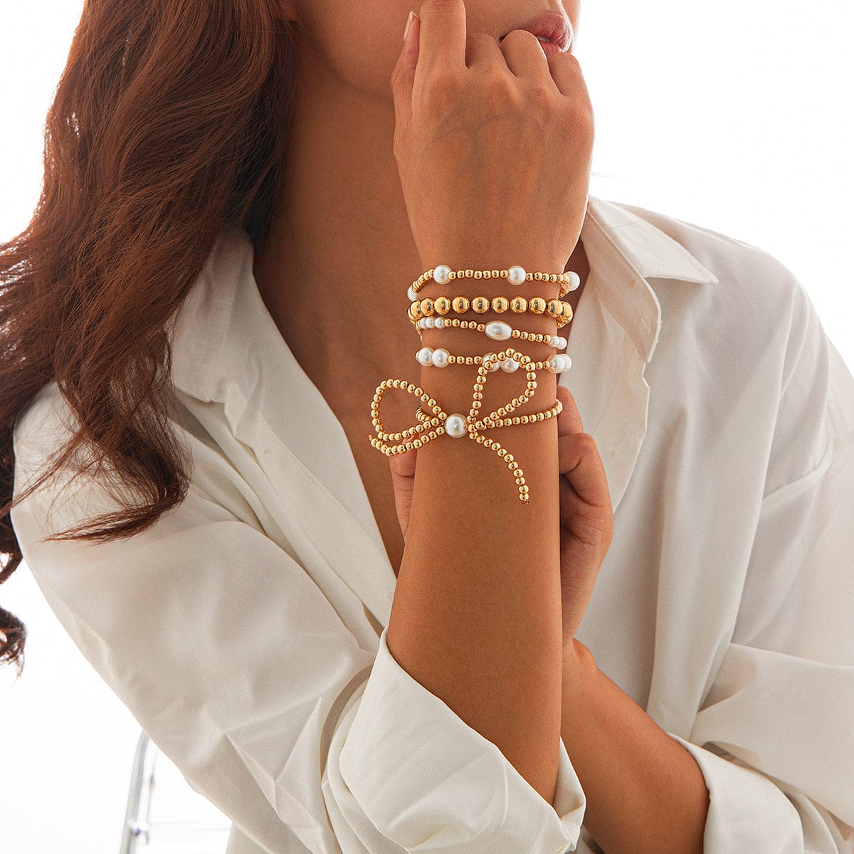 Elegant 5pcs Gold Plated Bowknot Pearl Chain Bracelet Set - ArtGalleryZen