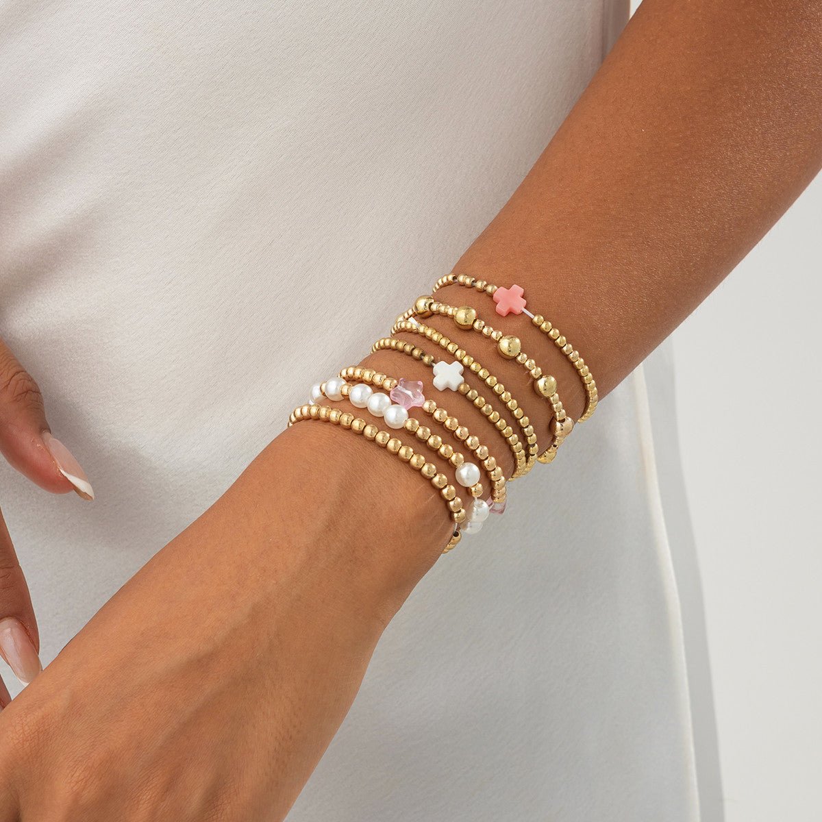 Elegant 7pcs Star Cross Charm Pearl Beaded Chain Bracelet Set - ArtGalleryZen