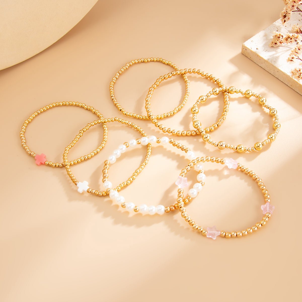 Elegant 7pcs Star Cross Charm Pearl Beaded Chain Bracelet Set - ArtGalleryZen