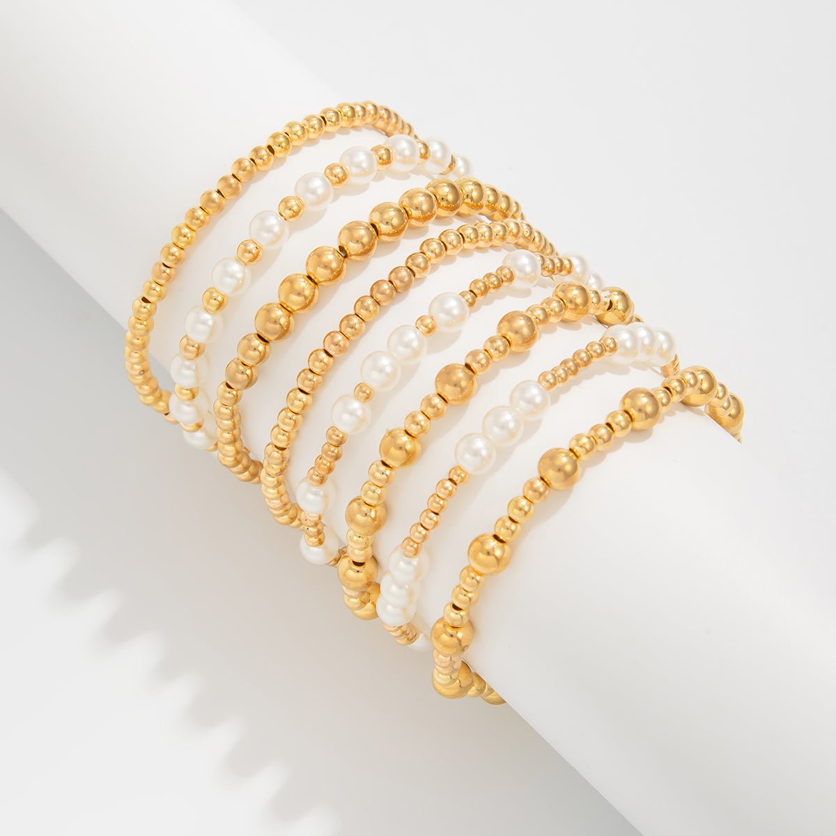 Elegant 8pcs Gold Plated Pearl Beaded Chain Bracelet Set - ArtGalleryZen