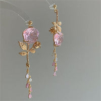 Thumbnail for Elegant Asymmetric S925 Silver Pink Crystal Rose Earrings - ArtGalleryZen