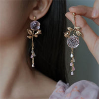 Thumbnail for Elegant Asymmetric S925 Silver Pink Crystal Rose Earrings - ArtGalleryZen