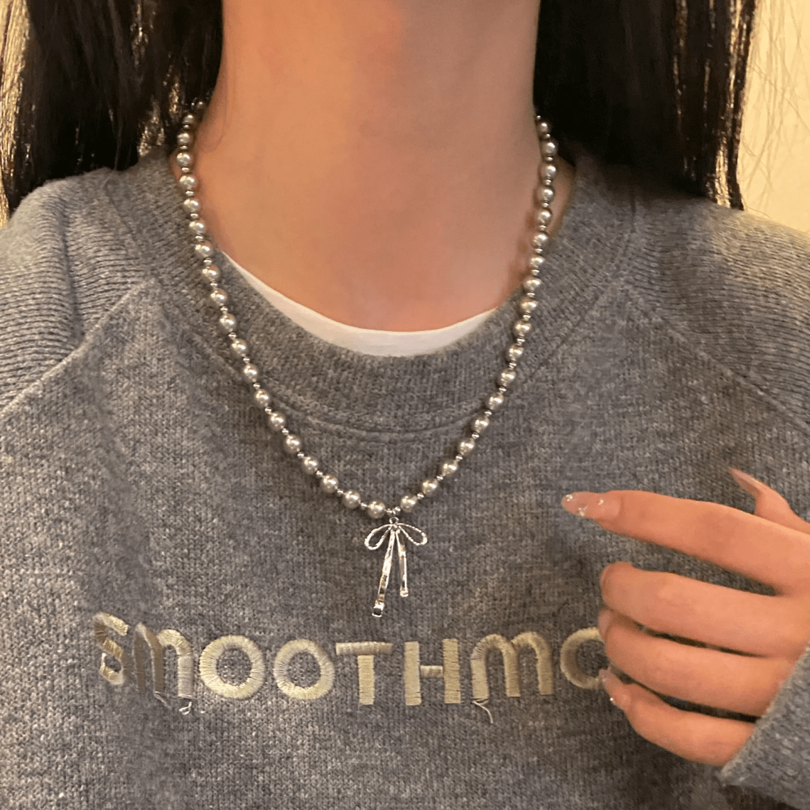 Elegant Bowknot Pendant Grey Pearl Chain Necklace - ArtGalleryZen