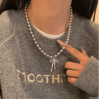 Thumbnail for Elegant Bowknot Pendant Grey Pearl Chain Necklace - ArtGalleryZen