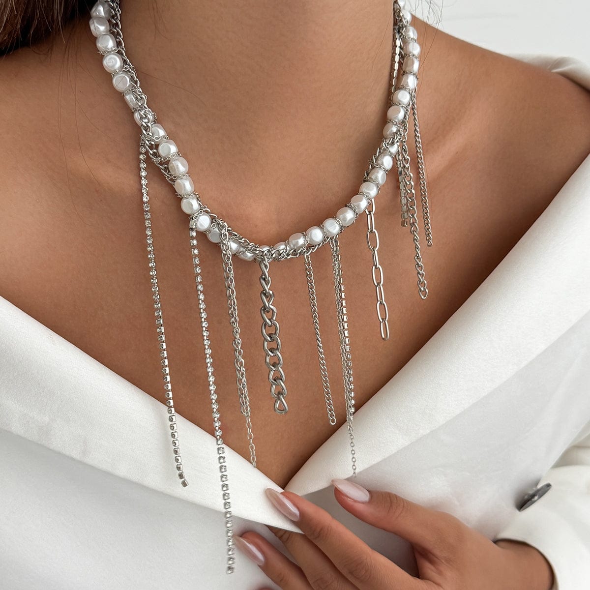 Elegant Box Curb Chain Tassel Pearl Choker Necklace - ArtGalleryZen