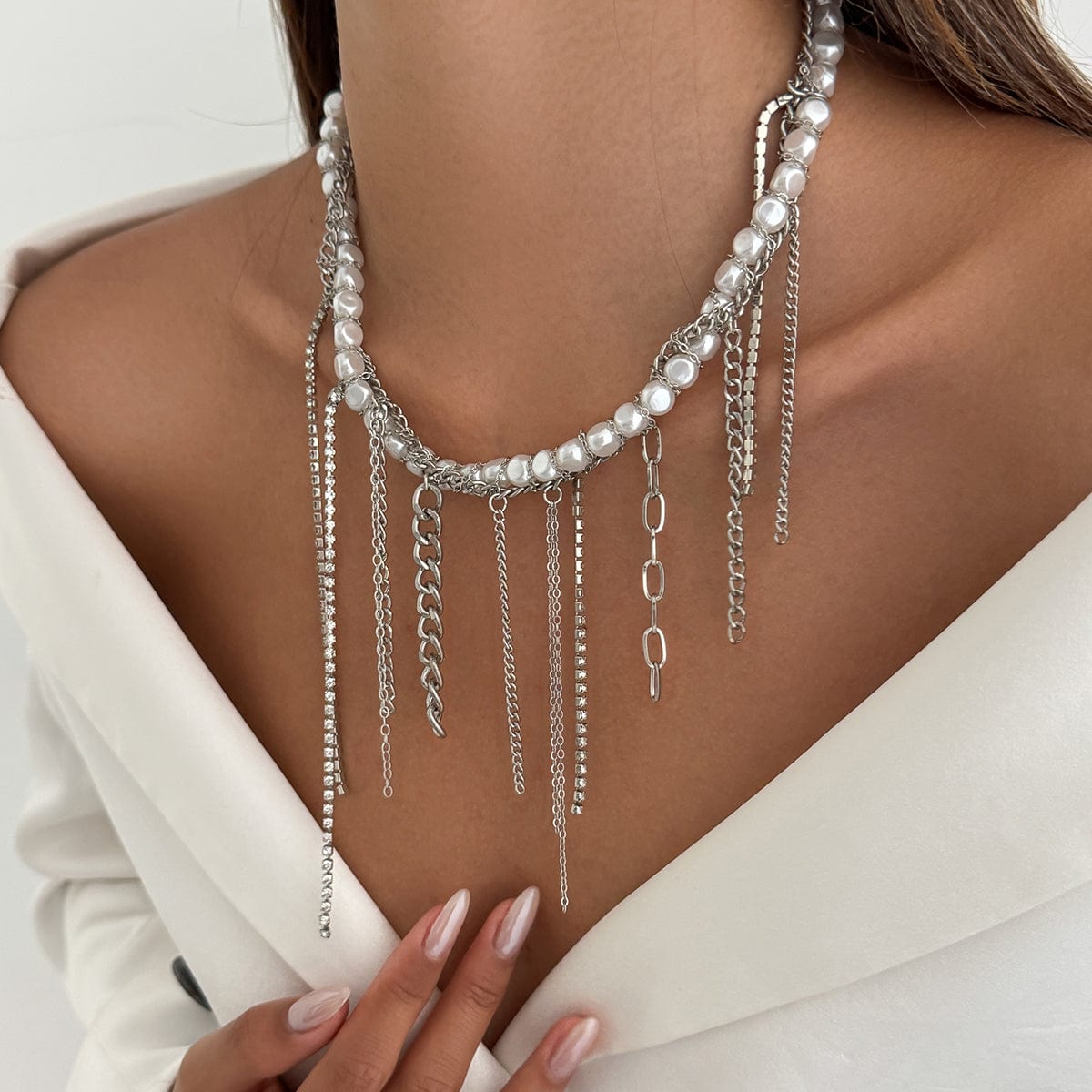 Elegant Box Curb Chain Tassel Pearl Choker Necklace - ArtGalleryZen