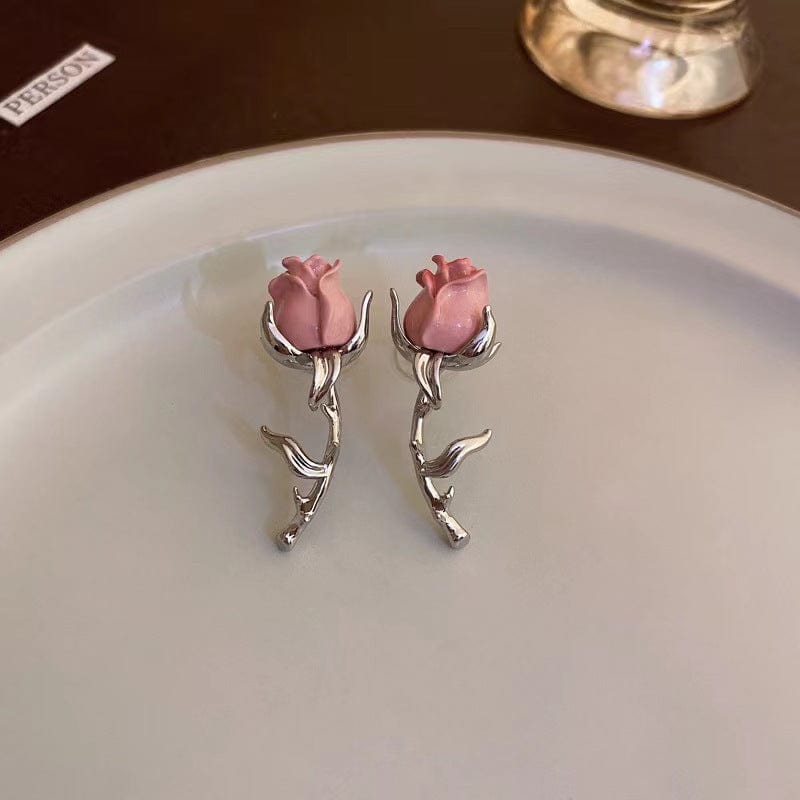 Elegant Enamel Rose Flower Box Chain Tassel Ear Cuff Earrings - ArtGalleryZen