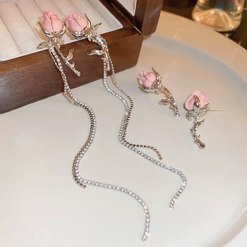 Elegant Enamel Rose Flower Box Chain Tassel Ear Cuff Earrings - ArtGalleryZen