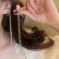 Thumbnail for Elegant Enamel Rose Flower Box Chain Tassel Ear Cuff Earrings - ArtGalleryZen