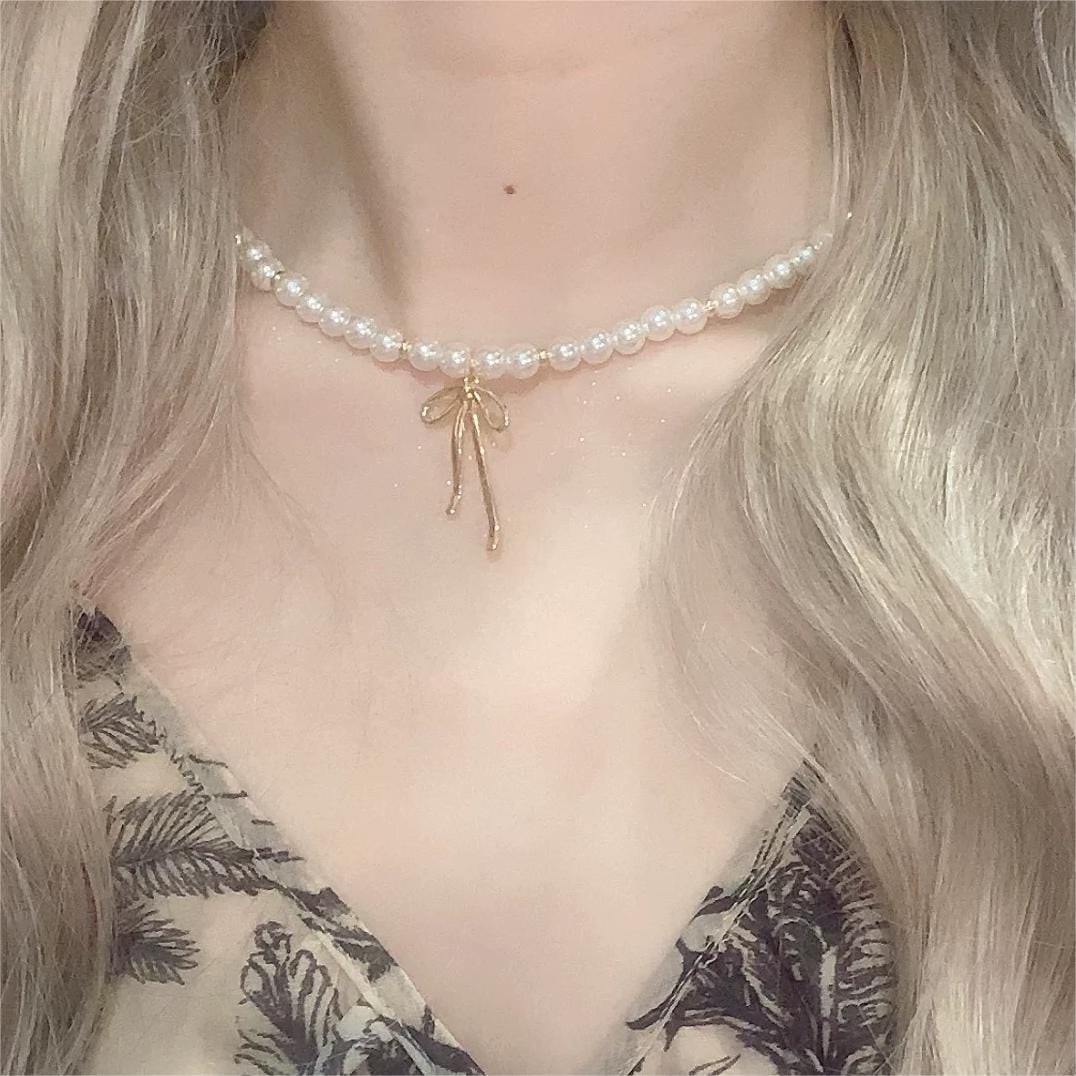 Elegant Gold Silver Plated Bowknot Pendant Pearl Chain Necklace - ArtGalleryZen