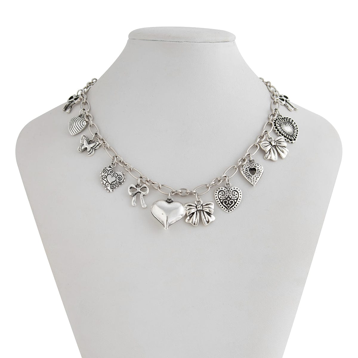 Elegant Gold Silver Tone Relief Heart Bowknot Tassel Necklace - ArtGalleryZen