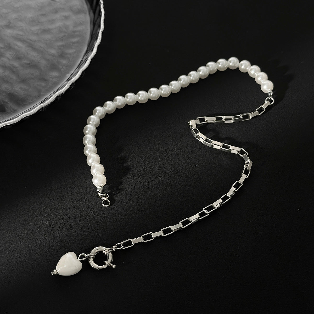 Elegant Heart Ceramics Pendant Pearl Chain Necklace - ArtGalleryZen