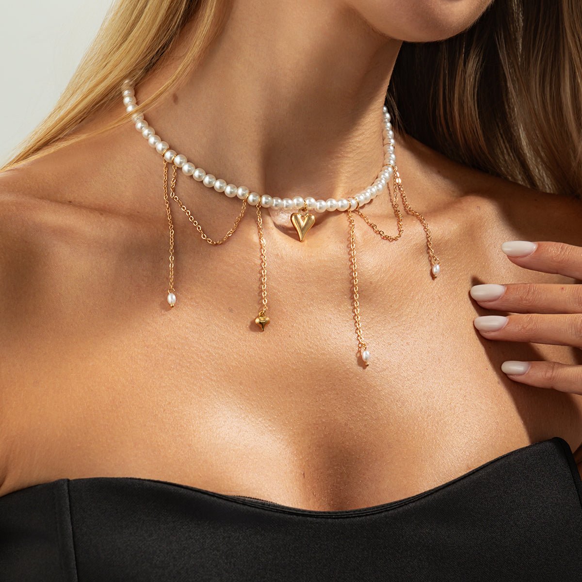 Elegant Heart Pendant Pearl Chain Tassel Necklace - ArtGalleryZen