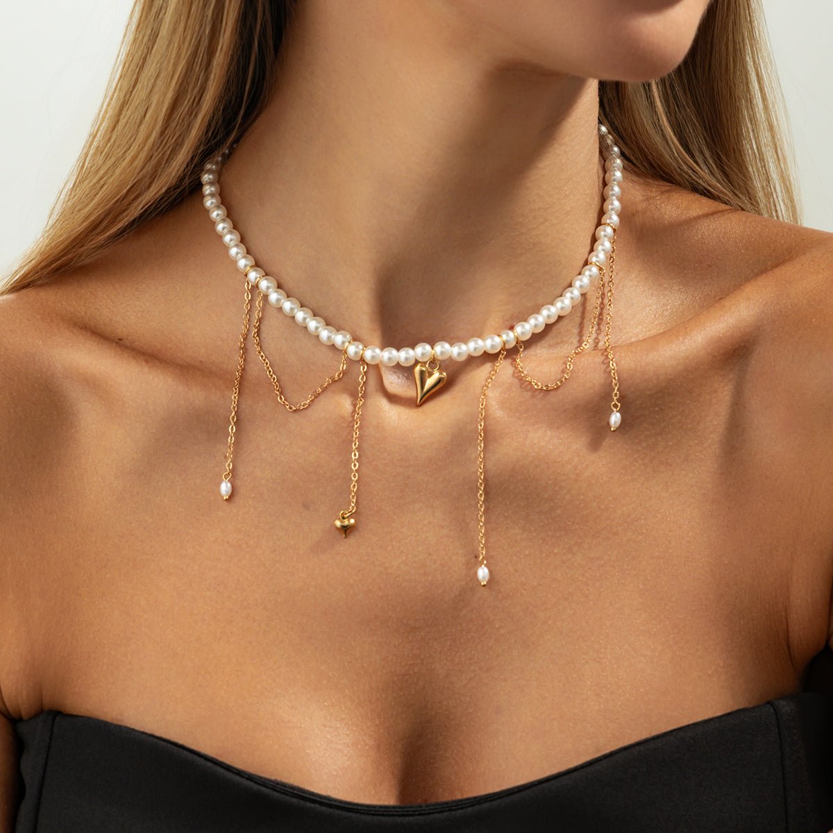 Elegant Heart Pendant Pearl Chain Tassel Necklace - ArtGalleryZen