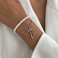 Thumbnail for Elegant Layered Bowknot Pendant Pearl Chain Bracelet - ArtGalleryZen