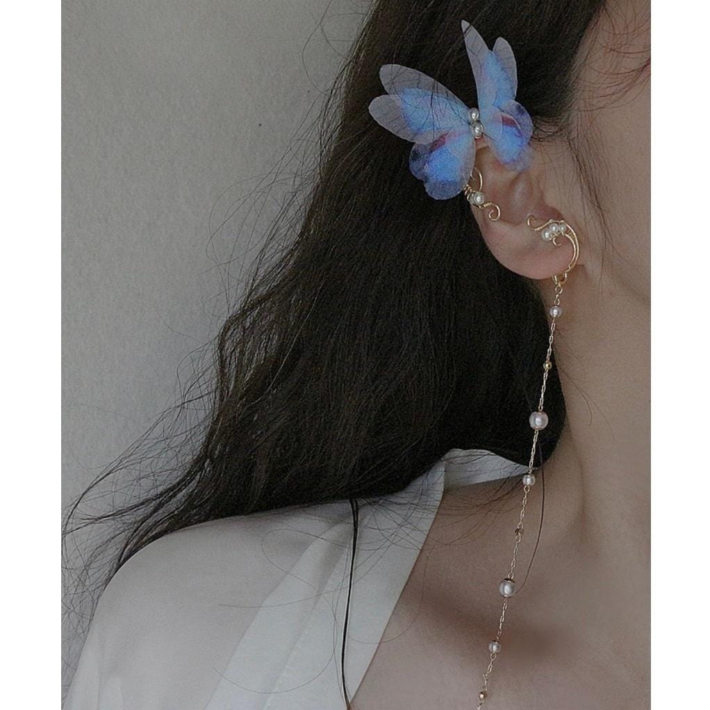 Elegant Layered Butterfly Pearl Long Chain Ribbon Elf Ear Cuff Wrap Earring - ArtGalleryZen