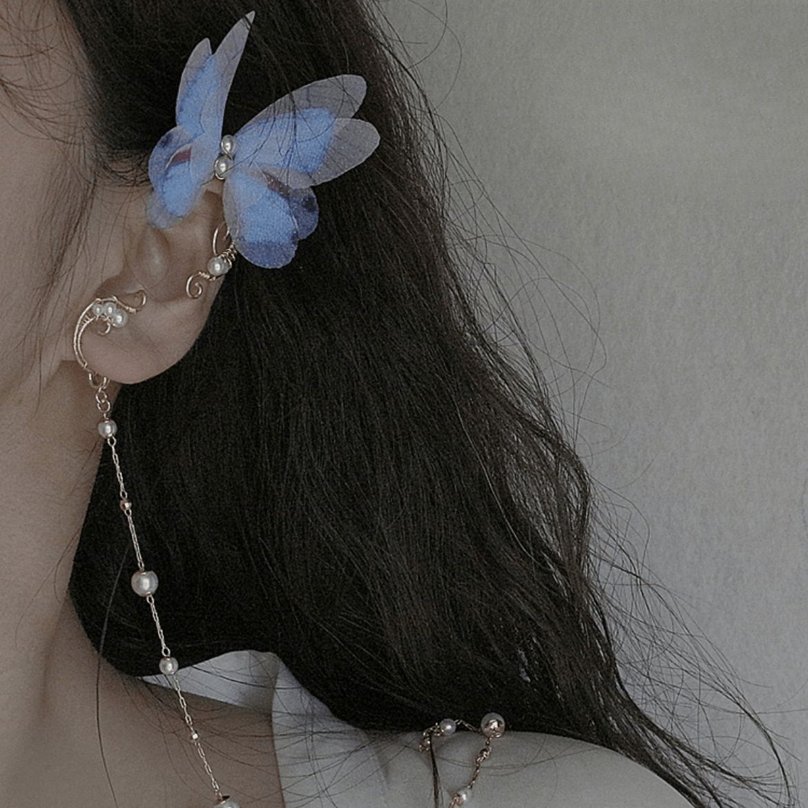 Elegant Layered Butterfly Pearl Long Chain Ribbon Elf Ear Cuff Wrap Earring - ArtGalleryZen