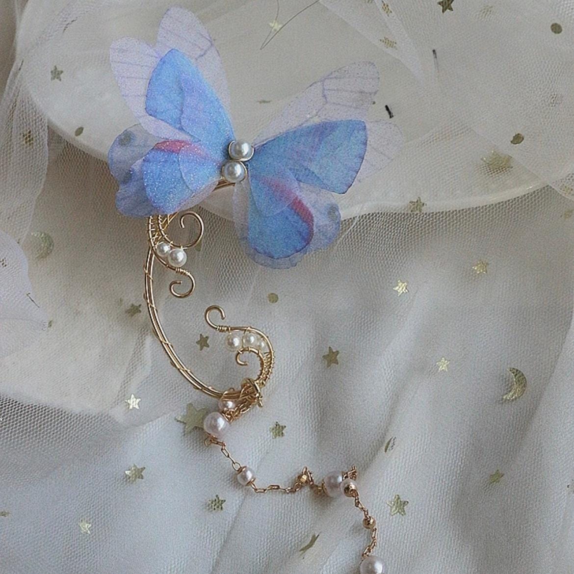 Elegant Layered Butterfly Pearl Long Chain Ribbon Elf Ear Cuff Wrap Earring - ArtGalleryZen