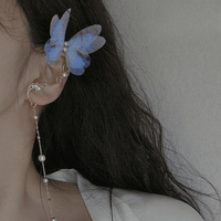 Thumbnail for Elegant Layered Butterfly Pearl Long Chain Ribbon Elf Ear Cuff Wrap Earring - ArtGalleryZen