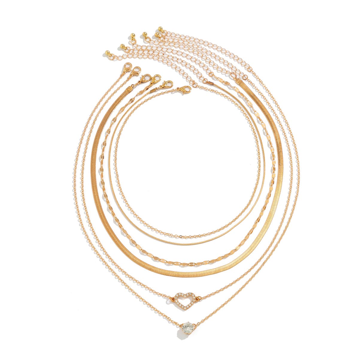 Elegant Layered CZ Inlaid Heart Pendant Snake Chain Necklace Set - ArtGalleryZen