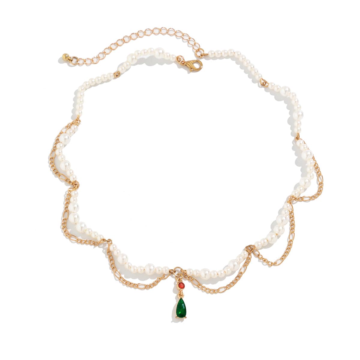 Elegant Layered Emerald Crystal Waterdrop Pendant Pearl Chain Necklace - ArtGalleryZen