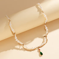Thumbnail for Elegant Layered Emerald Crystal Waterdrop Pendant Pearl Chain Necklace - ArtGalleryZen