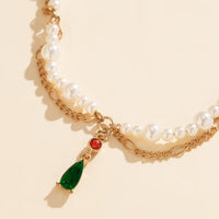 Thumbnail for Elegant Layered Emerald Crystal Waterdrop Pendant Pearl Chain Necklace - ArtGalleryZen