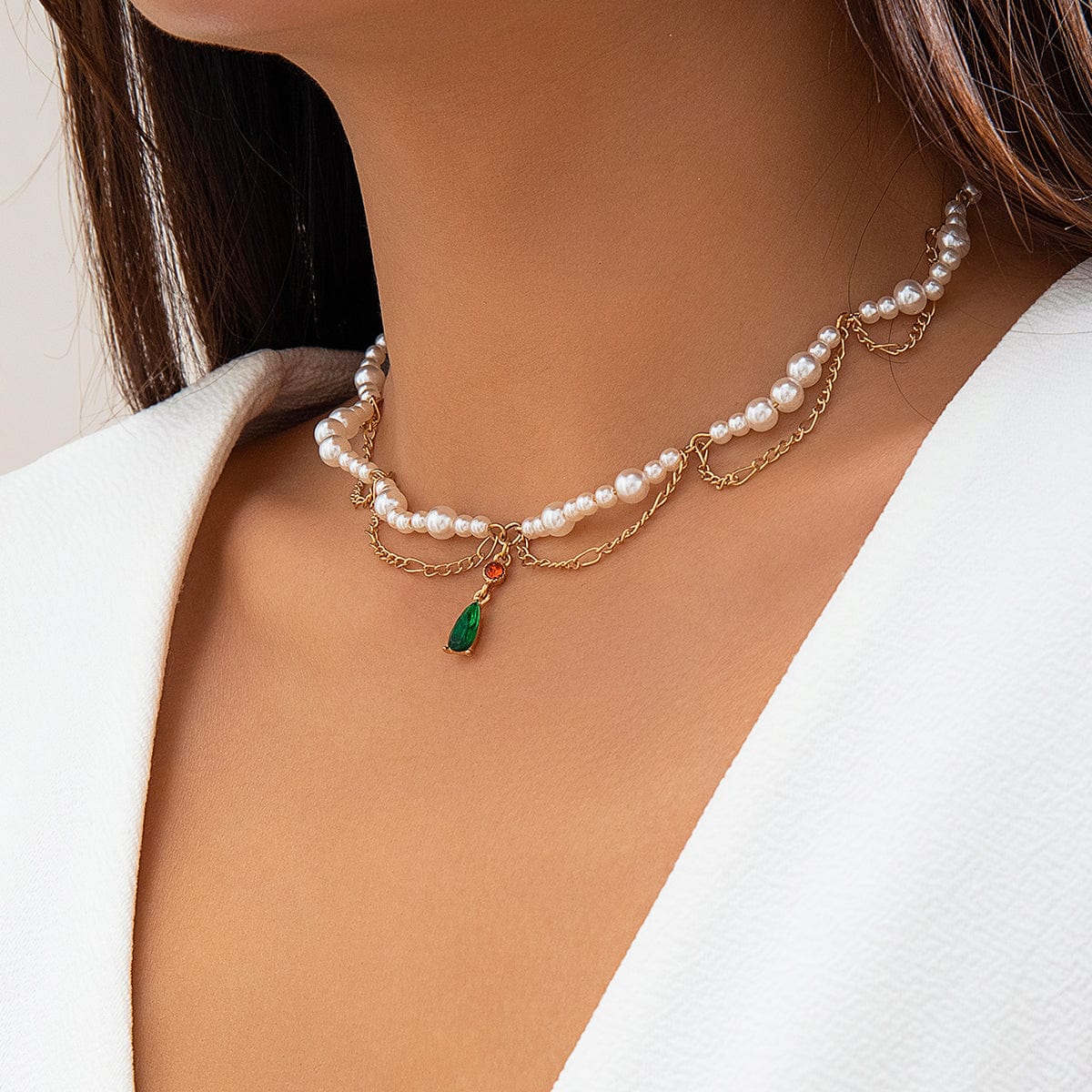 Elegant Layered Emerald Crystal Waterdrop Pendant Pearl Chain Necklace - ArtGalleryZen