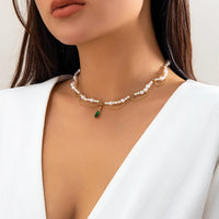 Thumbnail for Elegant Layered Emerald Crystal Waterdrop Pendant Pearl Chain Necklace - ArtGalleryZen