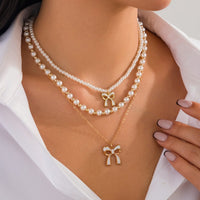 Thumbnail for Elegant Layered Enamel Bowknot Pendant Pearl Chain Necklace Set - ArtGalleryZen
