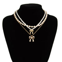 Thumbnail for Elegant Layered Enamel Bowknot Pendant Pearl Chain Necklace Set - ArtGalleryZen