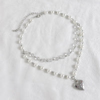 Thumbnail for Elegant Layered Floral Heart Pendant Crystal Pearl Chain Necklace - ArtGalleryZen