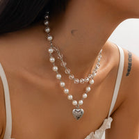 Thumbnail for Elegant Layered Floral Heart Pendant Crystal Pearl Chain Necklace - ArtGalleryZen