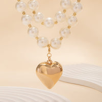 Thumbnail for Elegant Layered Heart Pendant Chunky Pearl Chain Choker Necklace Set - ArtGalleryZen