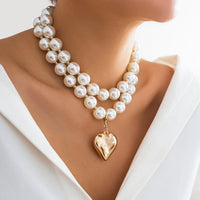 Thumbnail for Elegant Layered Heart Pendant Chunky Pearl Chain Choker Necklace Set - ArtGalleryZen