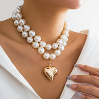 Thumbnail for Elegant Layered Heart Pendant Chunky Pearl Chain Choker Necklace Set - ArtGalleryZen