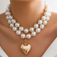 Thumbnail for Elegant Layered Heart Pendant Chunky Pearl Chain Choker Necklace Set - ArtGalleryZen